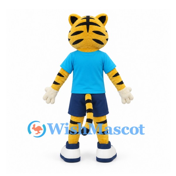 Tiger Mascot Costume in Yellow with Blue Shirt and Navy Shorts