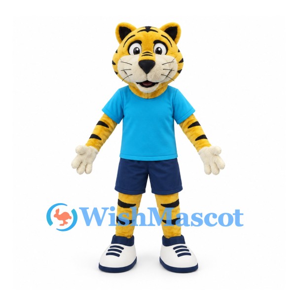 Tiger Mascot Costume in Yellow with Blue Shirt and Navy Shorts