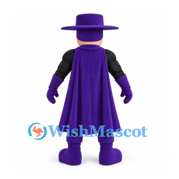 Masked Hero Mascot Costume in Black with Purple Cape and Wide Brim Hat