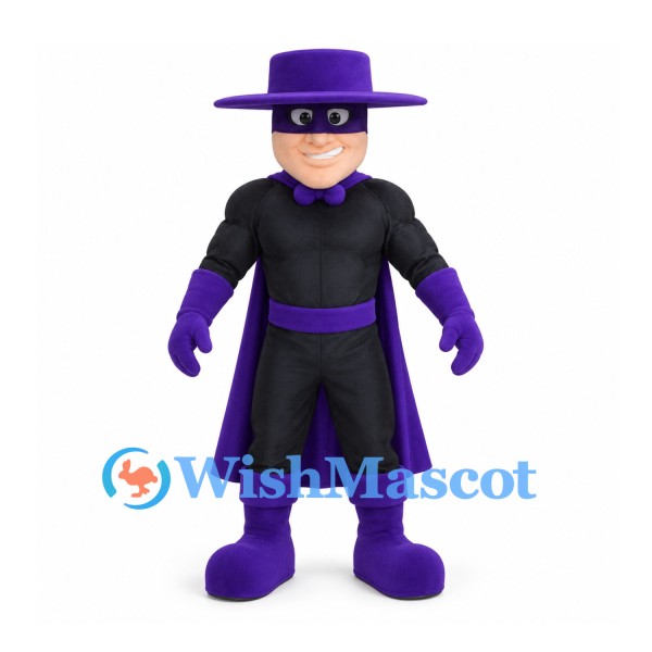 Masked Hero Mascot Costume in Black with Purple Cape and Wide Brim Hat