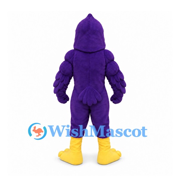 Bird Mascot Costume in Purple with Muscular Body and Yellow Beak