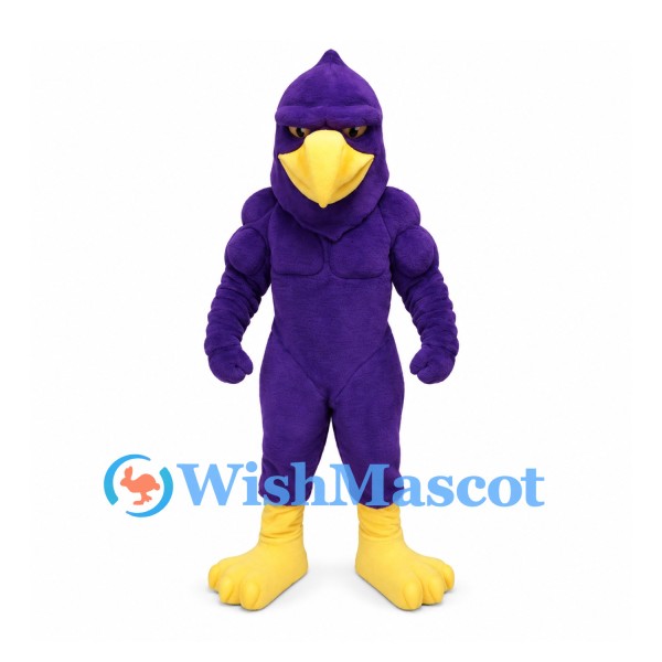 Bird Mascot Costume in Purple with Muscular Body and Yellow Beak