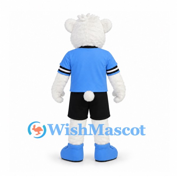 Polar Bear Mascot Costume in White with Blue Sports Shirt and Black Shorts