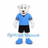 Polar Bear Mascot Costume in White with Blue Sports Shirt and Black Shorts