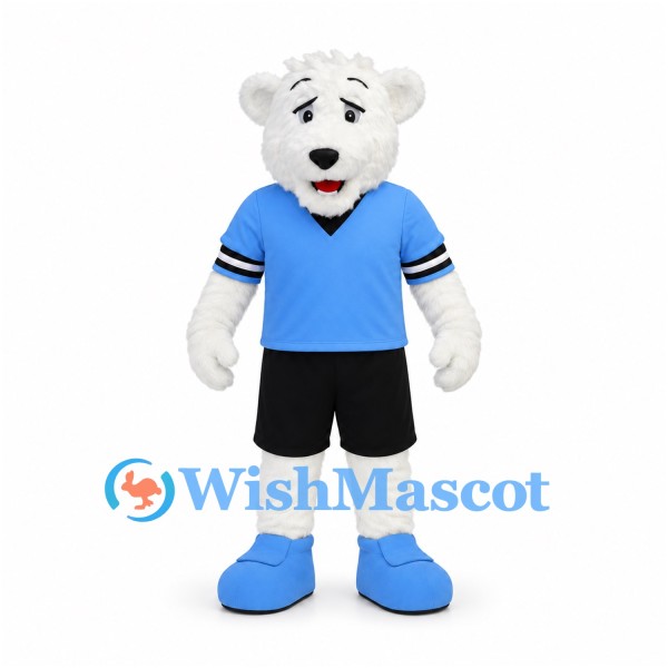 Polar Bear Mascot Costume in White with Blue Sports Shirt and Black Shorts