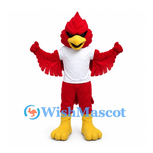 Cardinal Mascot Costume in Red with White Shirt and Red Shorts