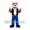Cougar Mascot Costume in Tan with Black Vest and Blue Trousers