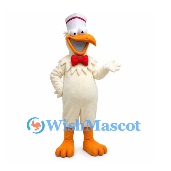 Duck Mascot Costume in Cream with White Hat and Red Bow Tie
