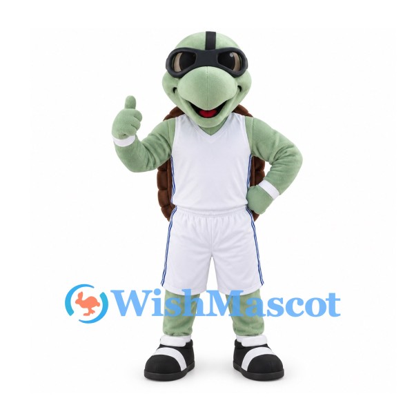 Turtle Mascot Costume in Sage Green with White Basketball Uniform