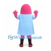 Worm Character Mascot Costume in Pink with Light Blue Dress and Patterned Boots