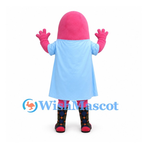 Worm Character Mascot Costume in Pink with Light Blue Dress and Patterned Boots