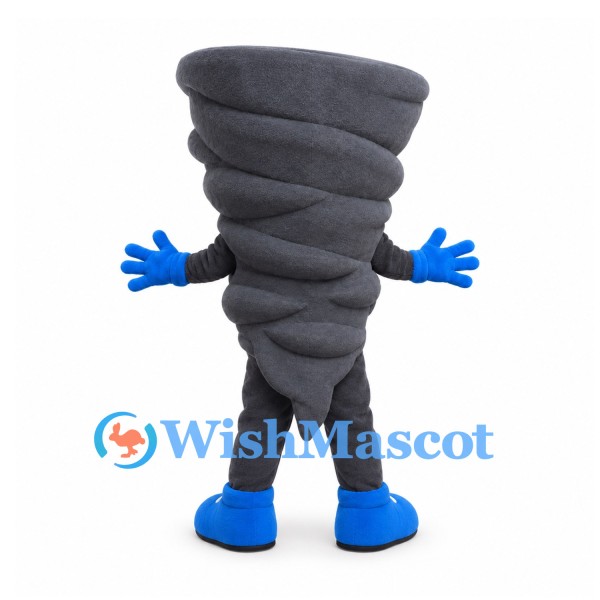 Tornado Mascot Costume in Gray with Sharp Teeth and Blue Gloves
