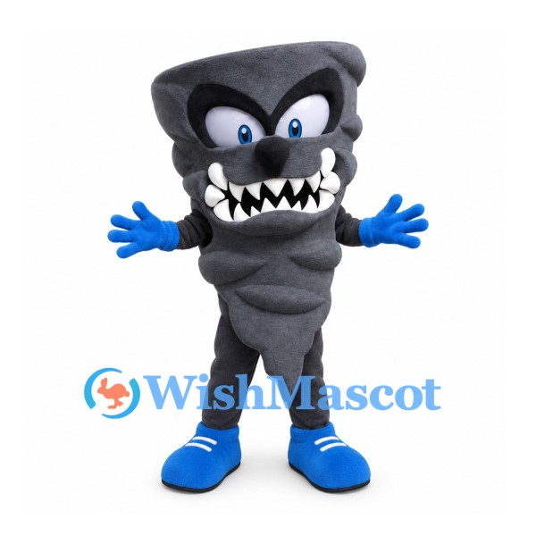 Tornado Mascot Costume in Gray with Sharp Teeth and Blue Gloves