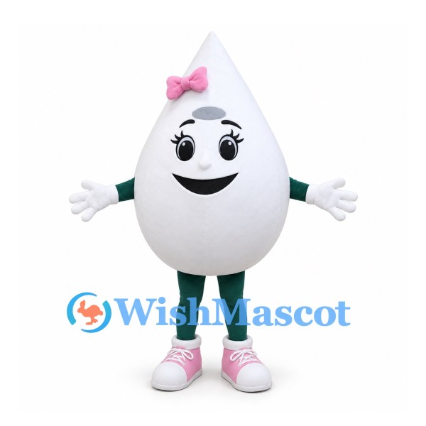 Egg Mascot Costume in White with Pink Bow and Green Legs