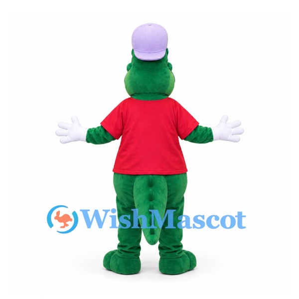 Crocodile Mascot Costume in Green with Red Shirt and Purple Hat