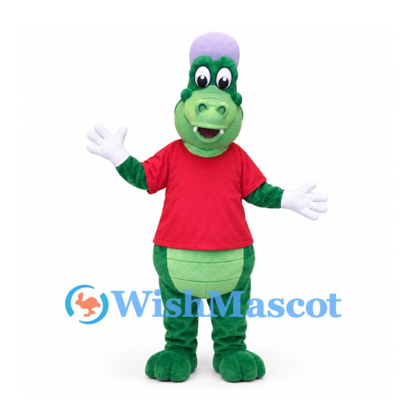 Crocodile Mascot Costume in Green with Red Shirt and Purple Hat