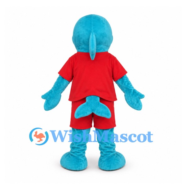 Dolphin Mascot Costume in Teal with Red Sports Uniform