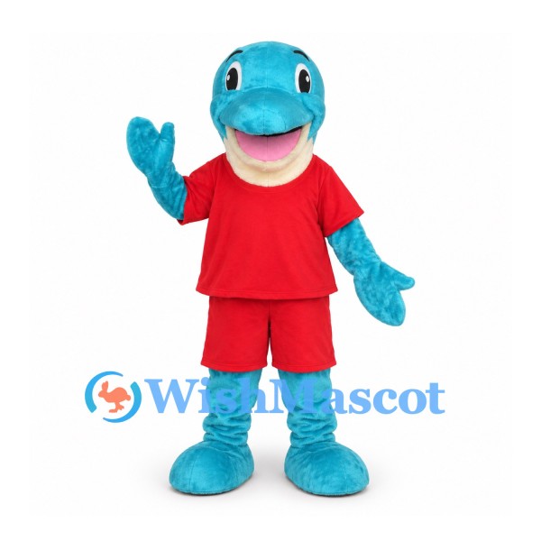 Dolphin Mascot Costume in Teal with Red Sports Uniform