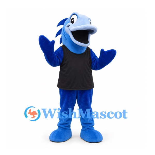 Dolphin Mascot Costume in Blue with Black Shirt