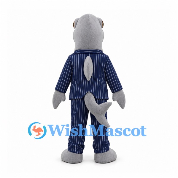 Shark Mascot Costume in Gray with Navy Pinstriped Suit and Red Tie