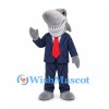 Shark Mascot Costume in Gray with Navy Pinstriped Suit and Red Tie