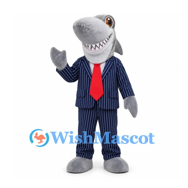 Shark Mascot Costume in Gray with Navy Pinstriped Suit and Red Tie