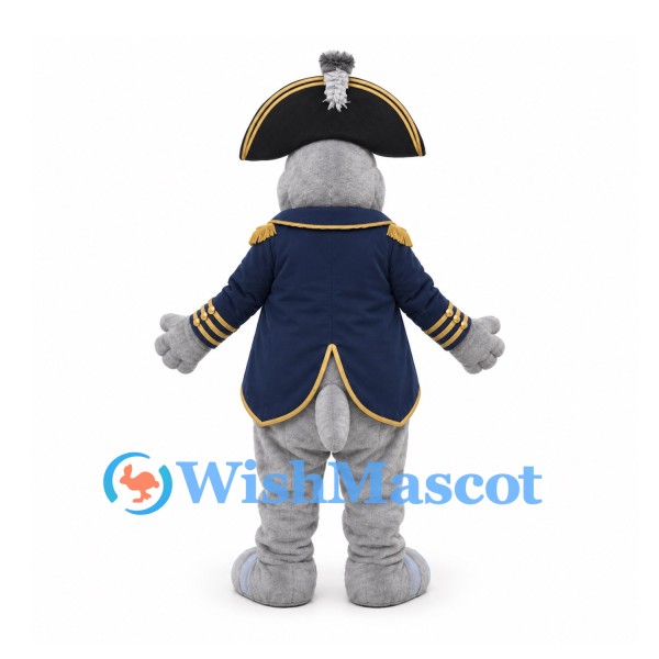 Dog Mascot Costume in Gray with Navy Pirate Coat and Tricorn Hat