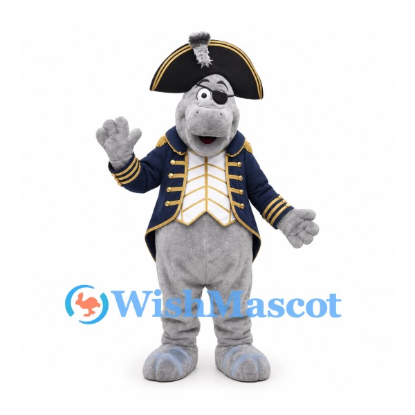 Dog Mascot Costume in Gray with Navy Pirate Coat and Tricorn Hat