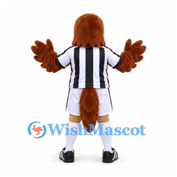 Hawk Mascot Costume in Brown with Black and White Striped Sports Uniform
