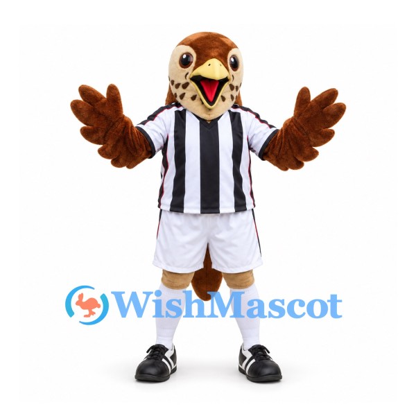 Hawk Mascot Costume in Brown with Black and White Striped Sports Uniform