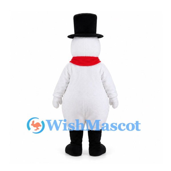 Snowman Mascot Costume in White with Black Top Hat and Red Scarf