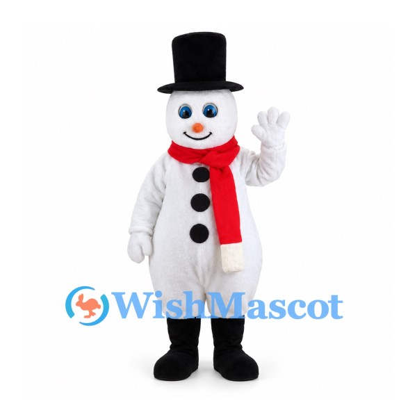 Snowman Mascot Costume in White with Black Top Hat and Red Scarf