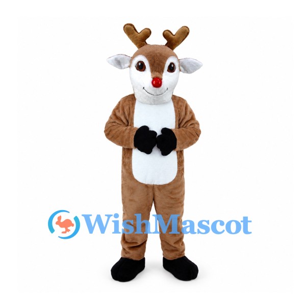 Reindeer Mascot Costume in Brown with Red Nose and White Belly