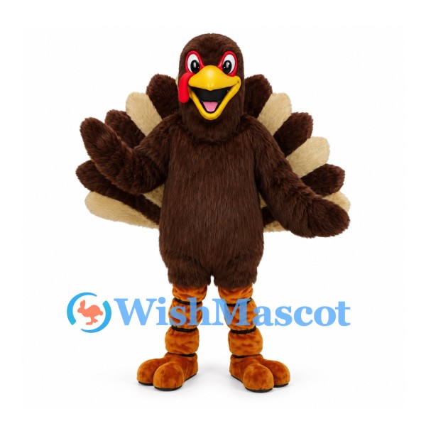 Turkey Mascot Costume in Brown with Large Fan Tail and Orange Feet