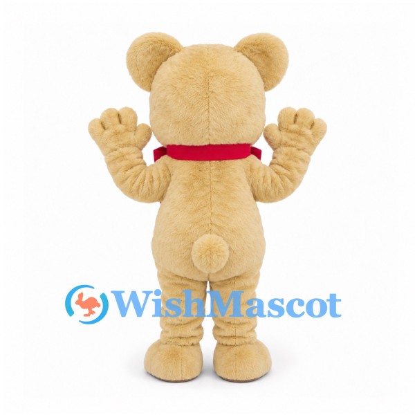 Bear Mascot Costume in Beige with Red Neck Bow and Large Paws