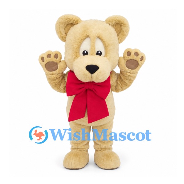 Bear Mascot Costume in Beige with Red Neck Bow and Large Paws