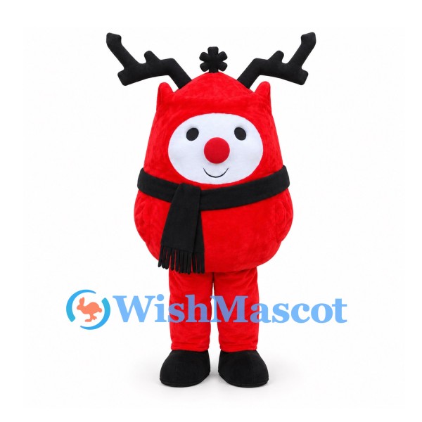Reindeer Character Mascot Costume in Red with Black Antlers and Scarf