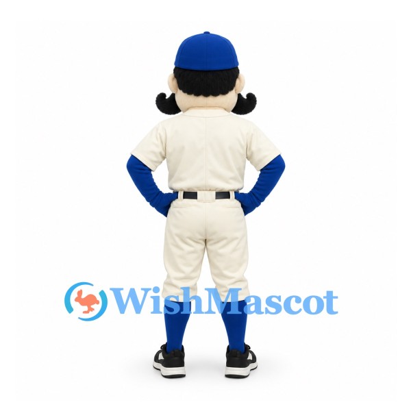 Man Mascot Costume with Black Mustache and Cream Baseball Uniform