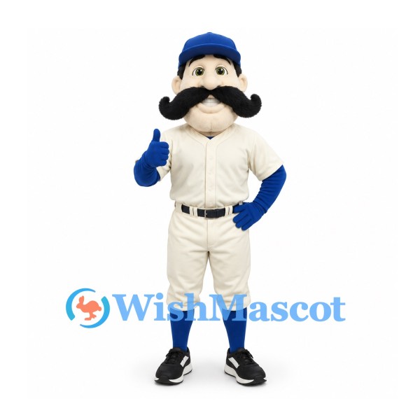 Man Mascot Costume with Black Mustache and Cream Baseball Uniform
