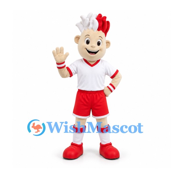 Boy Mascot Costume with Red and White Spiked Hair and Sports Uniform