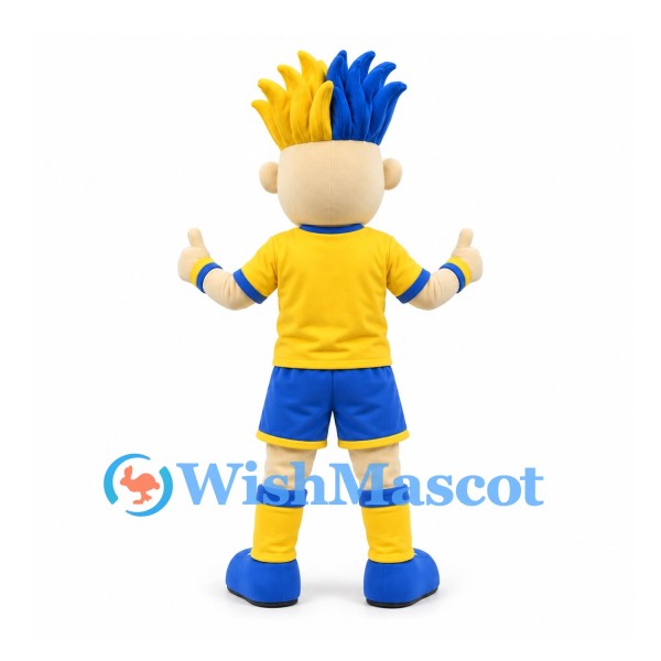 Boy Mascot Costume with Blue and Yellow Spiked Hair and Sports Uniform