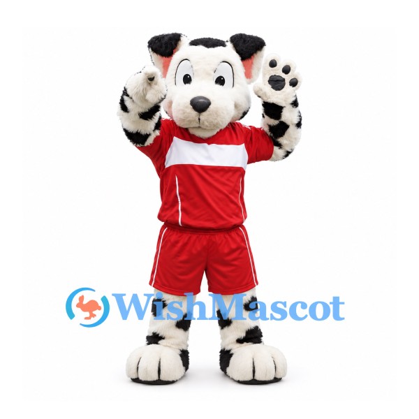 Dalmatian Mascot Costume in White and Black with Red Sports Uniform