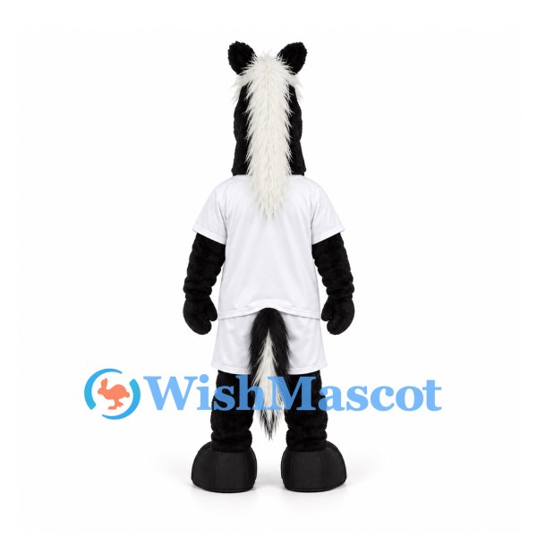 Horse Mascot Costume in Black with White Sports Uniform and White Mane
