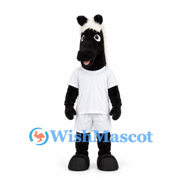 Horse Mascot Costume in Black with White Sports Uniform and White Mane