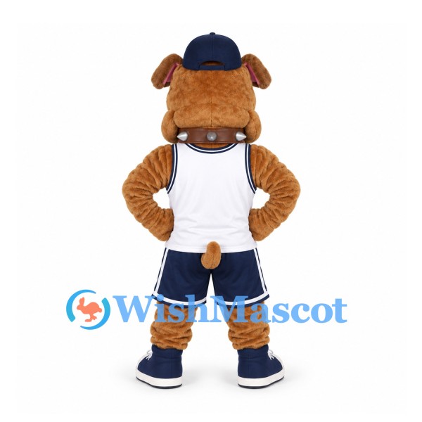 Bulldog Mascot Costume in Brown with White Sports Jersey and Navy Cap