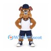 Bulldog Mascot Costume in Brown with White Sports Jersey and Navy Cap