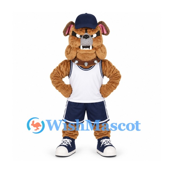 Bulldog Mascot Costume in Brown with White Sports Jersey and Navy Cap