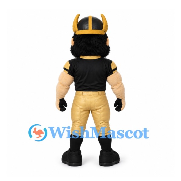 Viking Mascot Costume with Black Beard Gold Helmet and Trousers