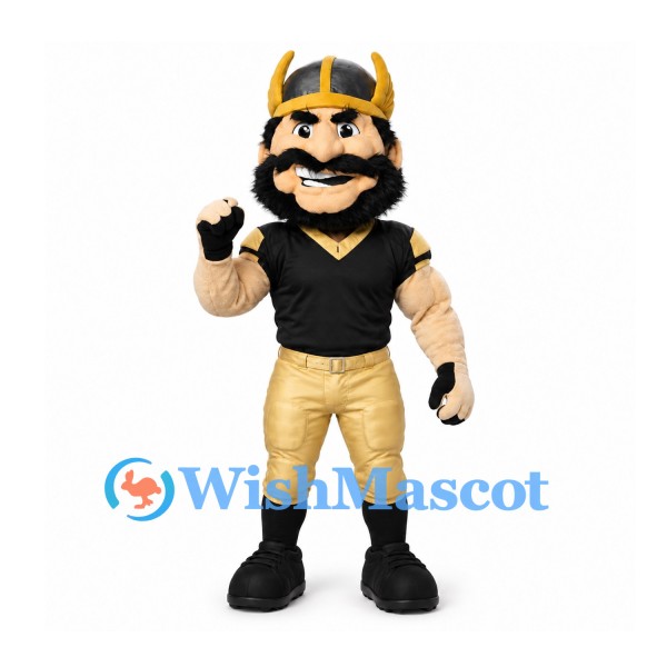 Viking Mascot Costume with Black Beard Gold Helmet and Trousers