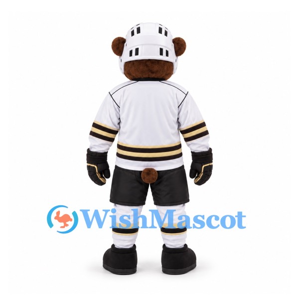 Bear Mascot Costume in Brown with White Hockey Uniform and Helmet